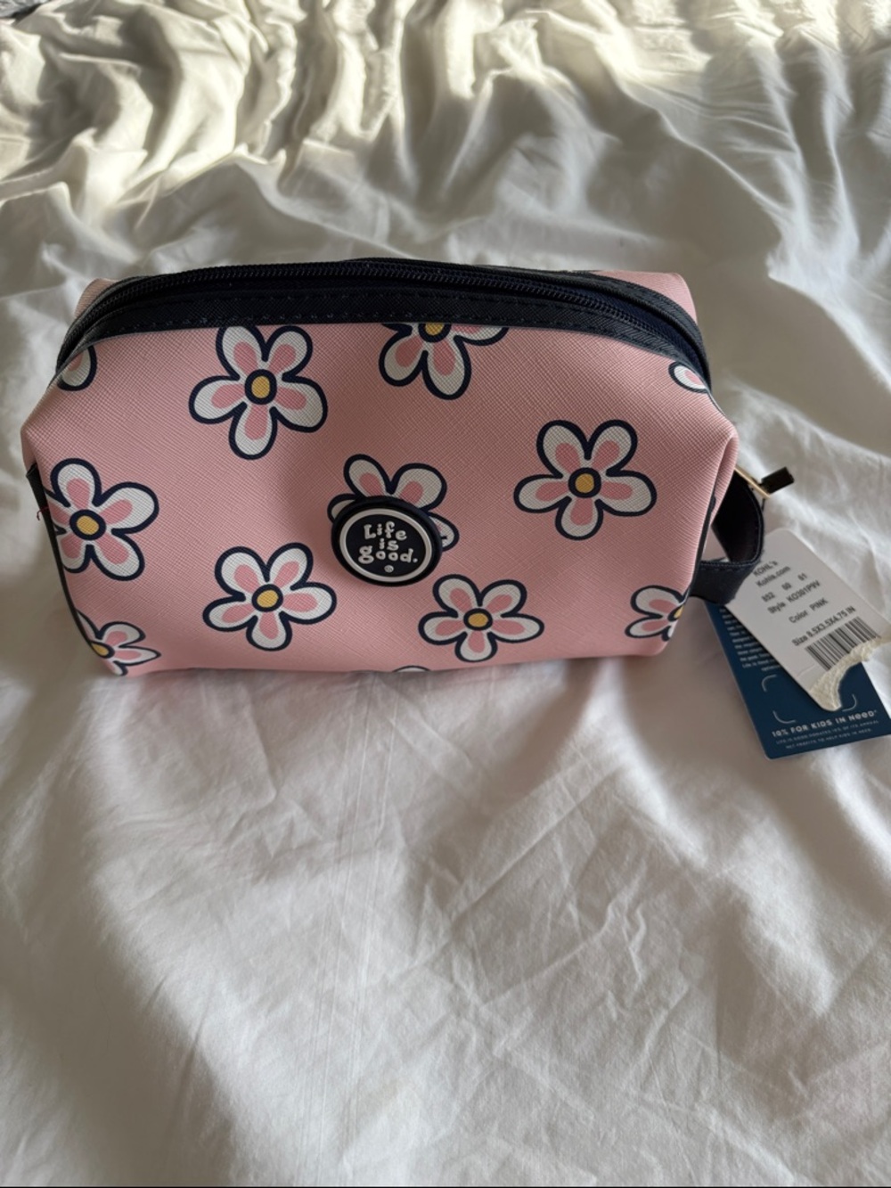Life Is Good Pink Floral Travel Pouch with Navy Trim